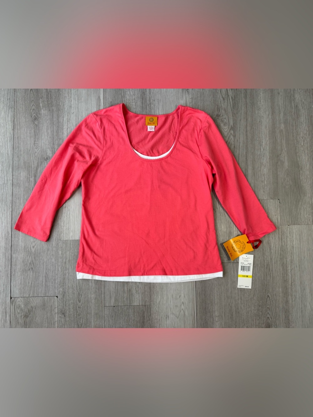 Ruby Rd. Knit faux Layered Scoop Neck 3/4 Sleeve Stretch Top Coral pink M NWT
